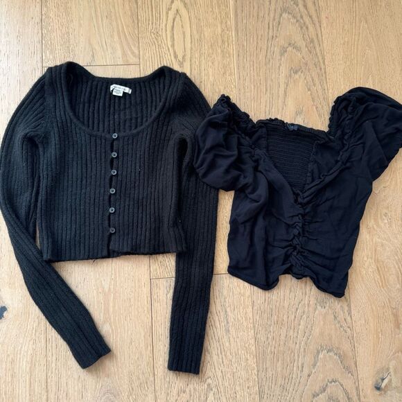 Bundle Aerie American Eagle Mango Button Up Cardigan Bodysuit Size Small Black - Picture 5 of 9